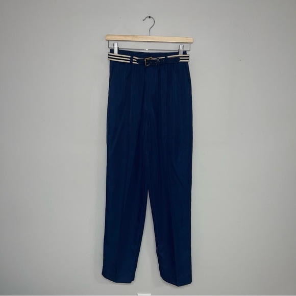 Alfred Dunner Vintage Trousers Size Small Navy Blue High Waisted Belted Pleated - Picture 2 of 8